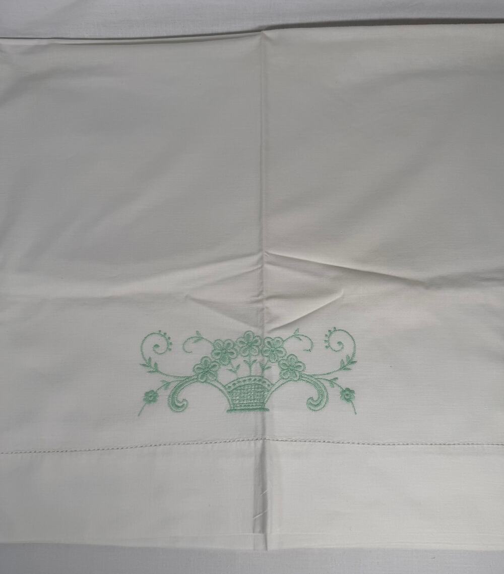 Vintage Hand Embroidered Pillowcases Set 2 Green Floral Basket